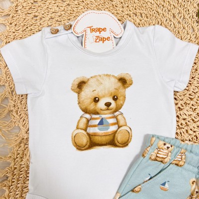 Conj. Body Ursinho e Bermuda Barquinhos - Branco e Azul